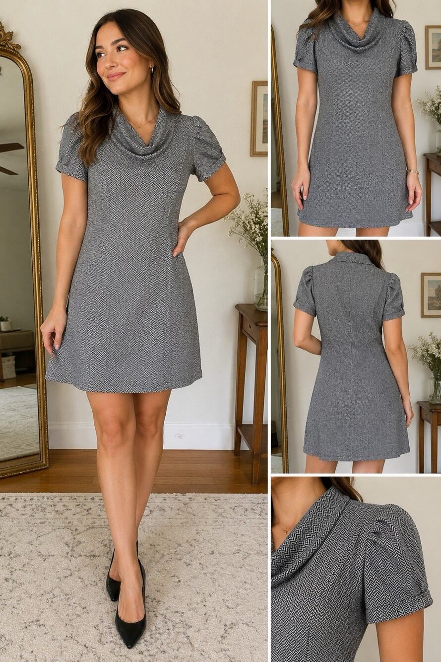 Calvin Klein Black & White Herringbone Short Sleeve Cowl Neck Dress
